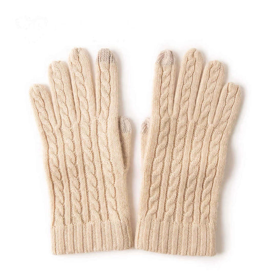	Luxury cashmere touchscreen gloves in beige with elegant cable knit design