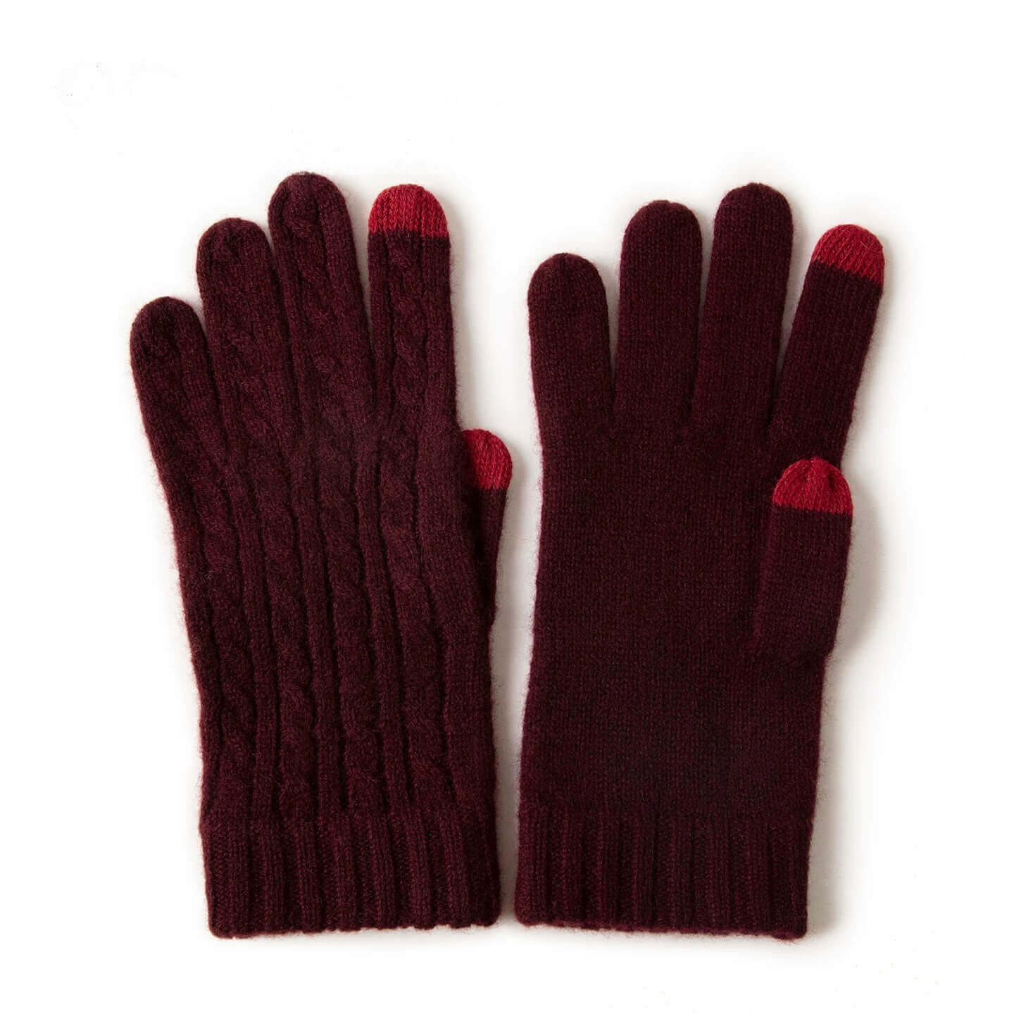 Wine red luxury cashmere touchscreen gloves with cable knit texture,Women wearing luxury cashmere touchscreen gloves in winter