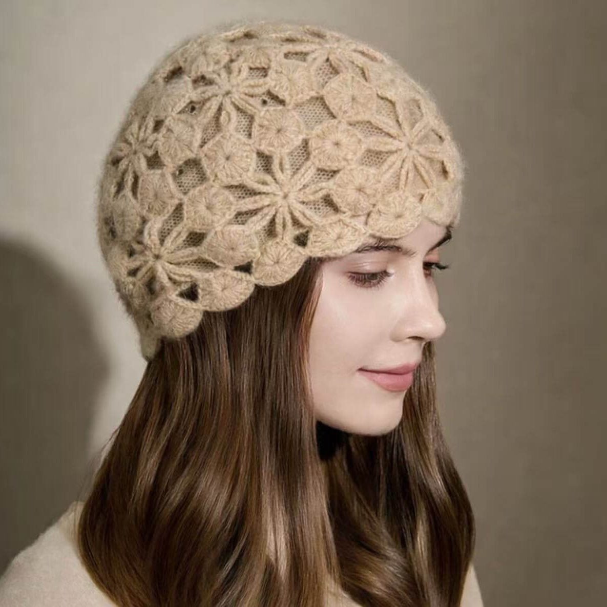 Luxury 100% cashmere handmade crochet beanie hat premium texture soft cashmere fibers