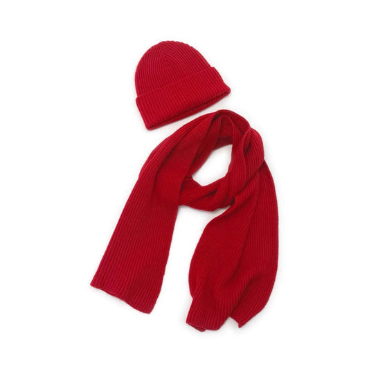 	luxury red cashmere ribbed scarf and beanie set