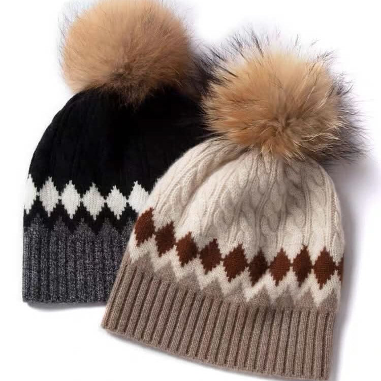 Christmas cable knitted cashmere beanie hats for women and men,Luxury fair isle cashmere beanie hat with pom pom in grey winter colorway