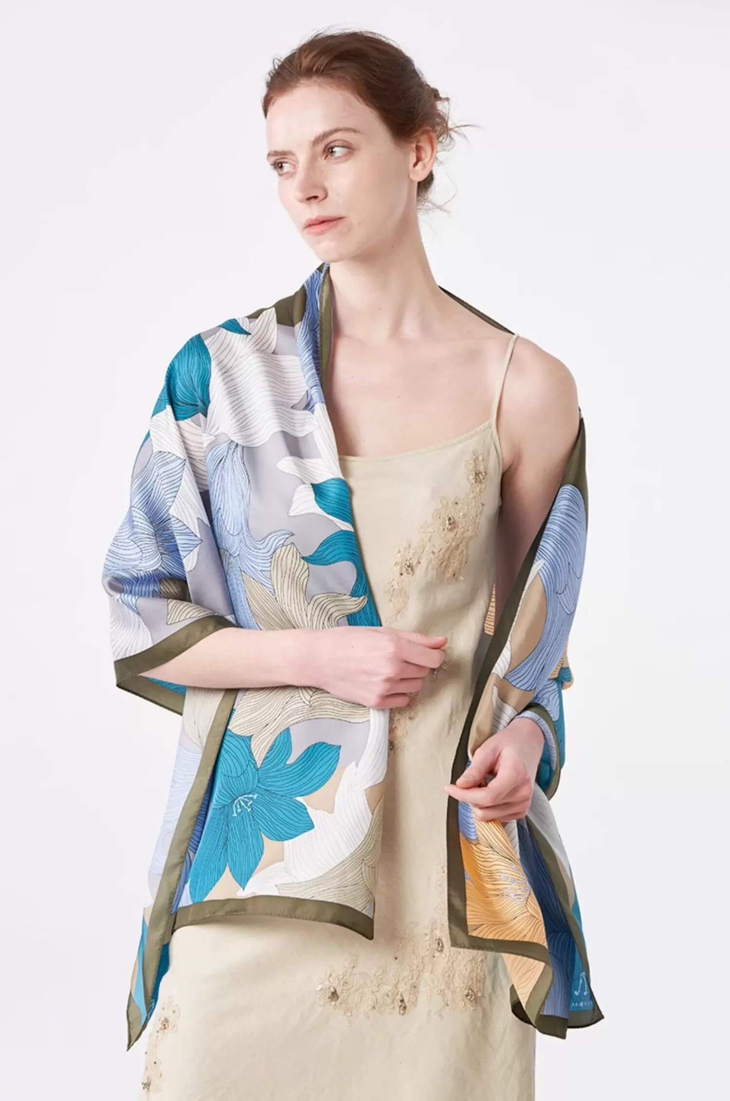 Nordic-style floral silk scarf lightweight twill