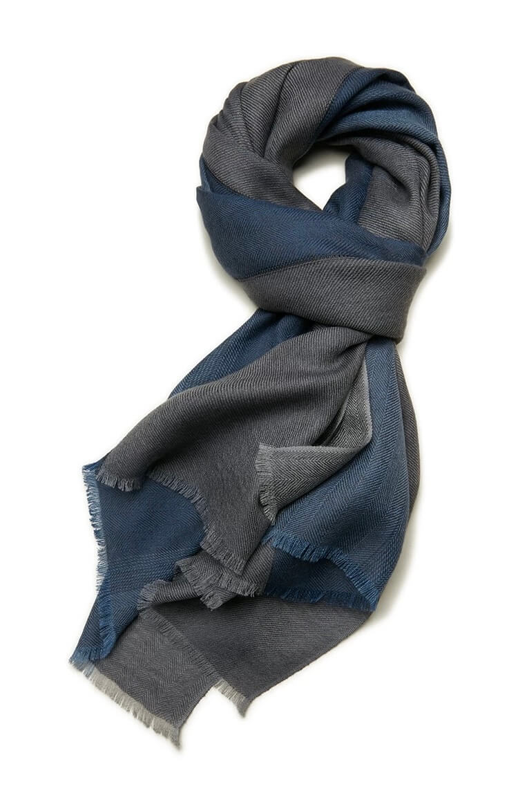 Soft warm men’s cashmere plaid scarf in grey and blue color 