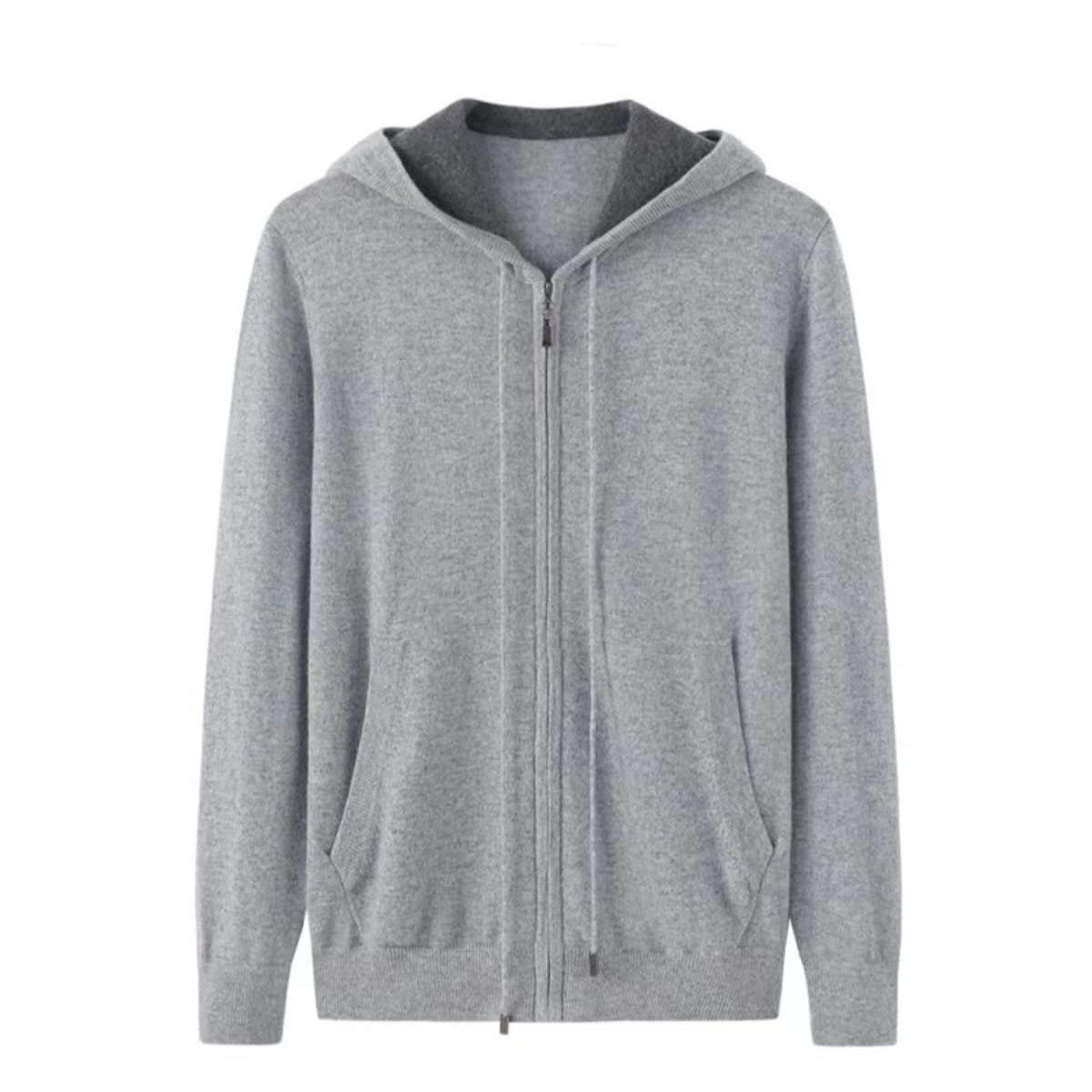 Men’s two-tone 100% cashmere zip-up hoodie cardigan,	Light gray men’s cashmere hooded cardigan