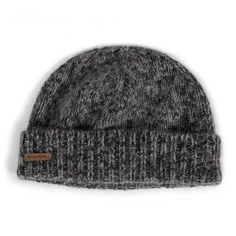 Men’s marled gray 100% cashmere beanie with cuffed design and British casual style