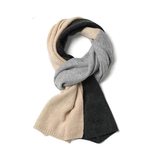 Multicolored 100% cashmere scarf in beige, black, and gray on a white background for women