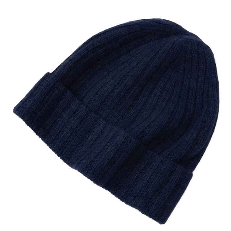 Deep navy blue 100% cashmere ribbed beanie, unisex luxury winter hat with soft, premium knit texture.