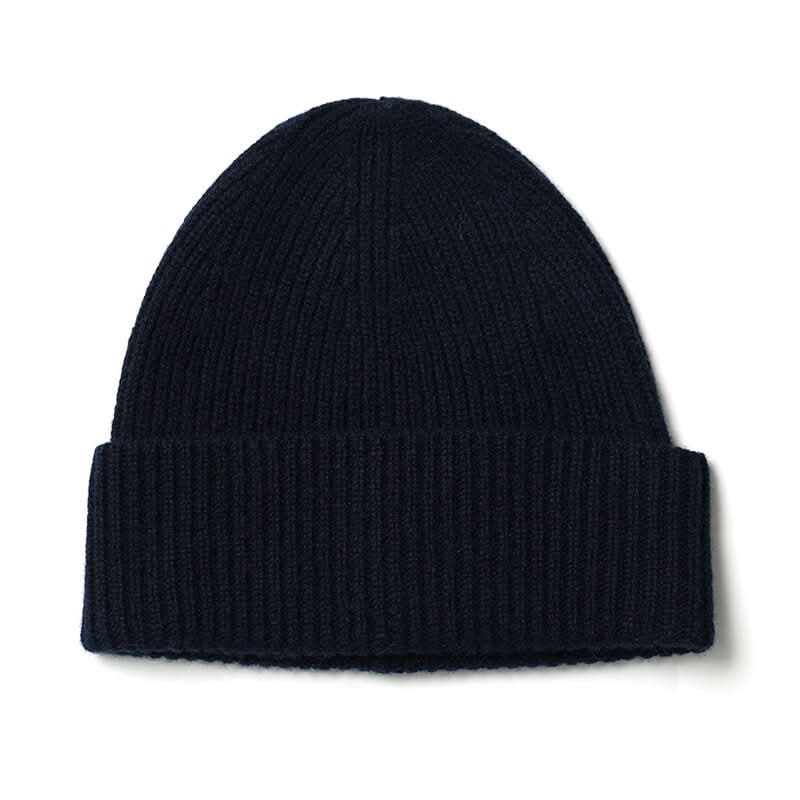 women's men's cashmere ribbed beanie hats in navy blue.  the best beanies for men