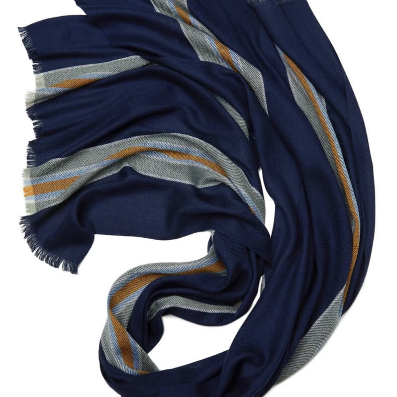 100% Cashmere Double-Sided Scarf – Navy Blue Stripes