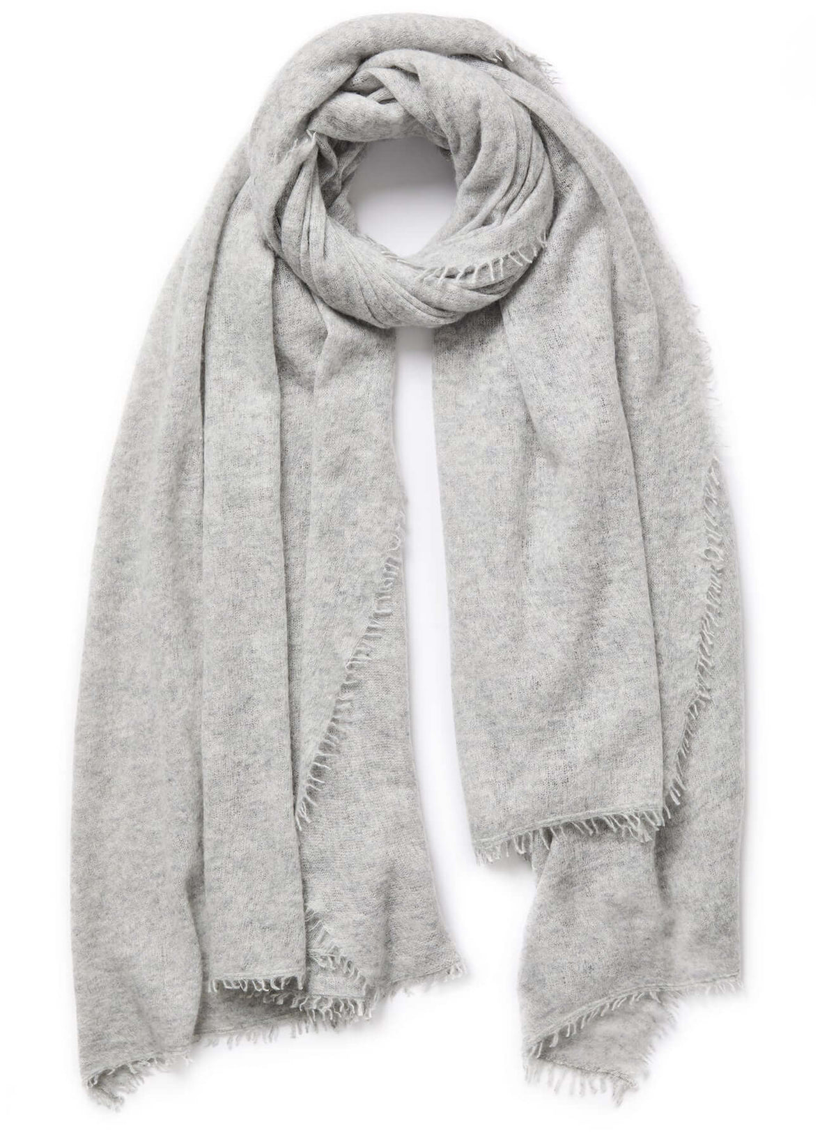  oversized 100% cashmere scarves in  light heather gray, featuring lightweight fabric and fringed borders.