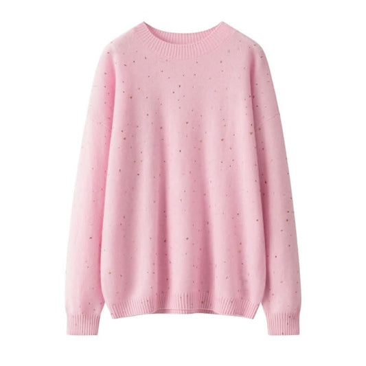 Women's crew neck sequined pure cashmere sweater in pink