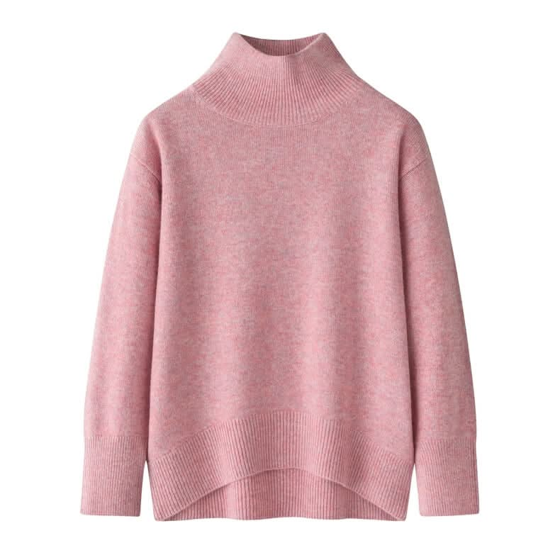 High neck dropped shoulder cashmere sweater pink color,crafted from soft cashmere with ribbed detailing throughout