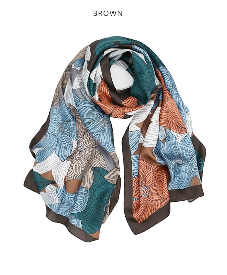 Premium lily print silk shawl luxury gift for her, Brown lily pattern mulberry silk wrap for women