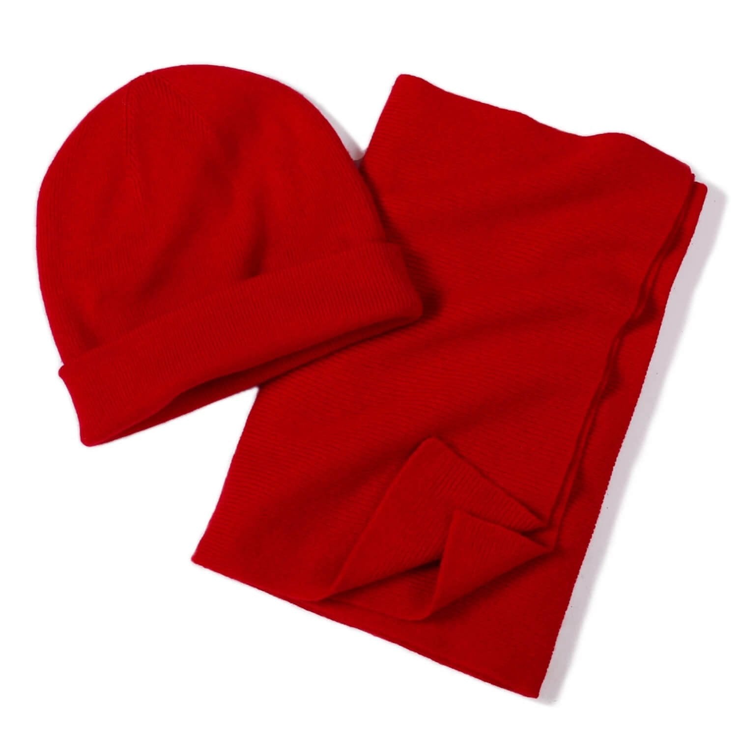 100% Cashmere Hat and Scarf Set Unisex Fine Rib Knit in red 