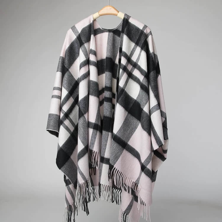 Black and pink checked cashmere cape with hand-twisted fringe detail