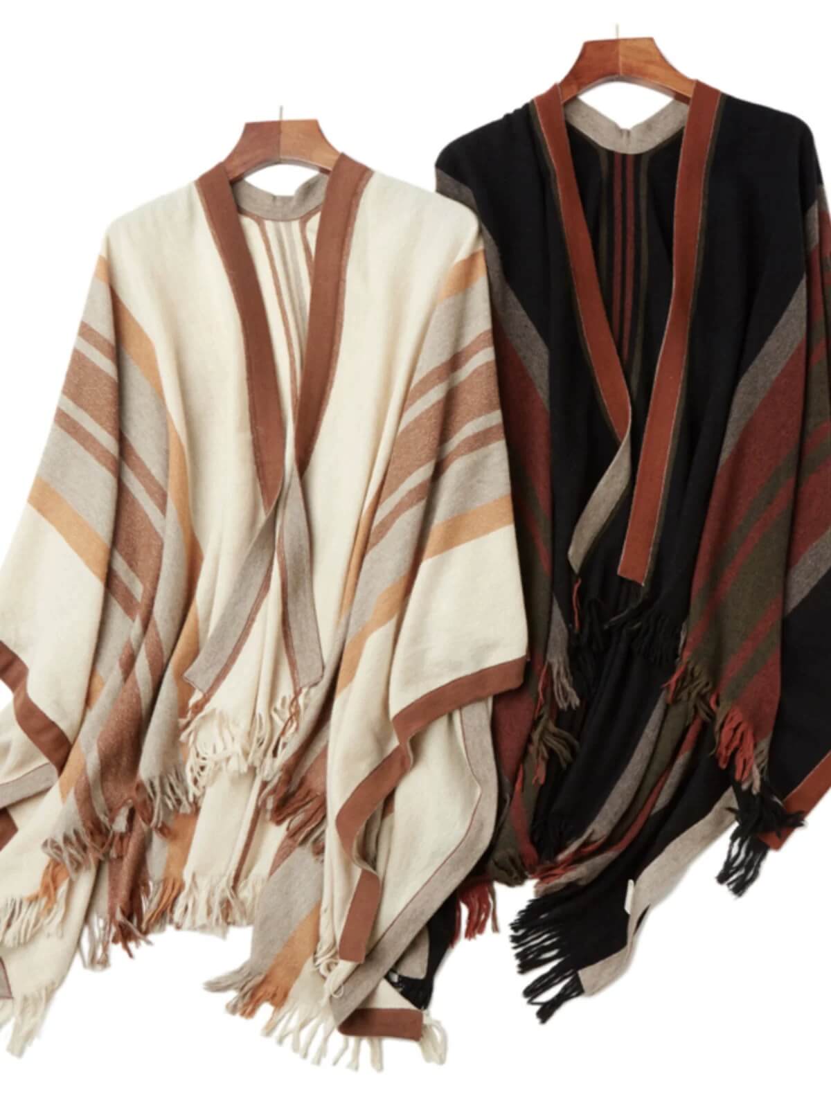 100% Cashmere Cape Shawl for Women – Striped Oversized Wrap,Luxury Cashmere Poncho – U-Neck Soft Knit Trim Design