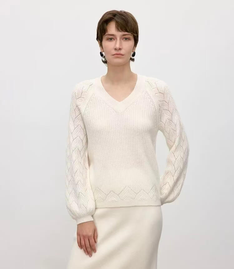 white 100% pure cashmere sweater v neck in ribbed knitting for women 