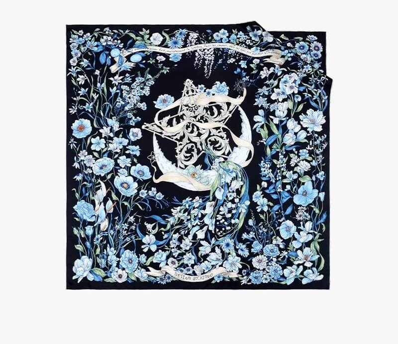Artistic Floral Silk Scarf Displayed as Home Decoration,	Classic 100% Silk Twill Scarf – Premium Quality Craftsmanship