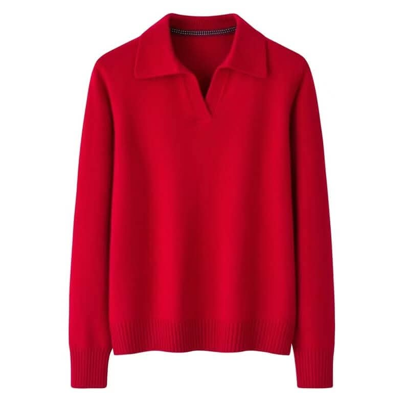 Polo neck thick pure cashmere pullover sweater for women red  color