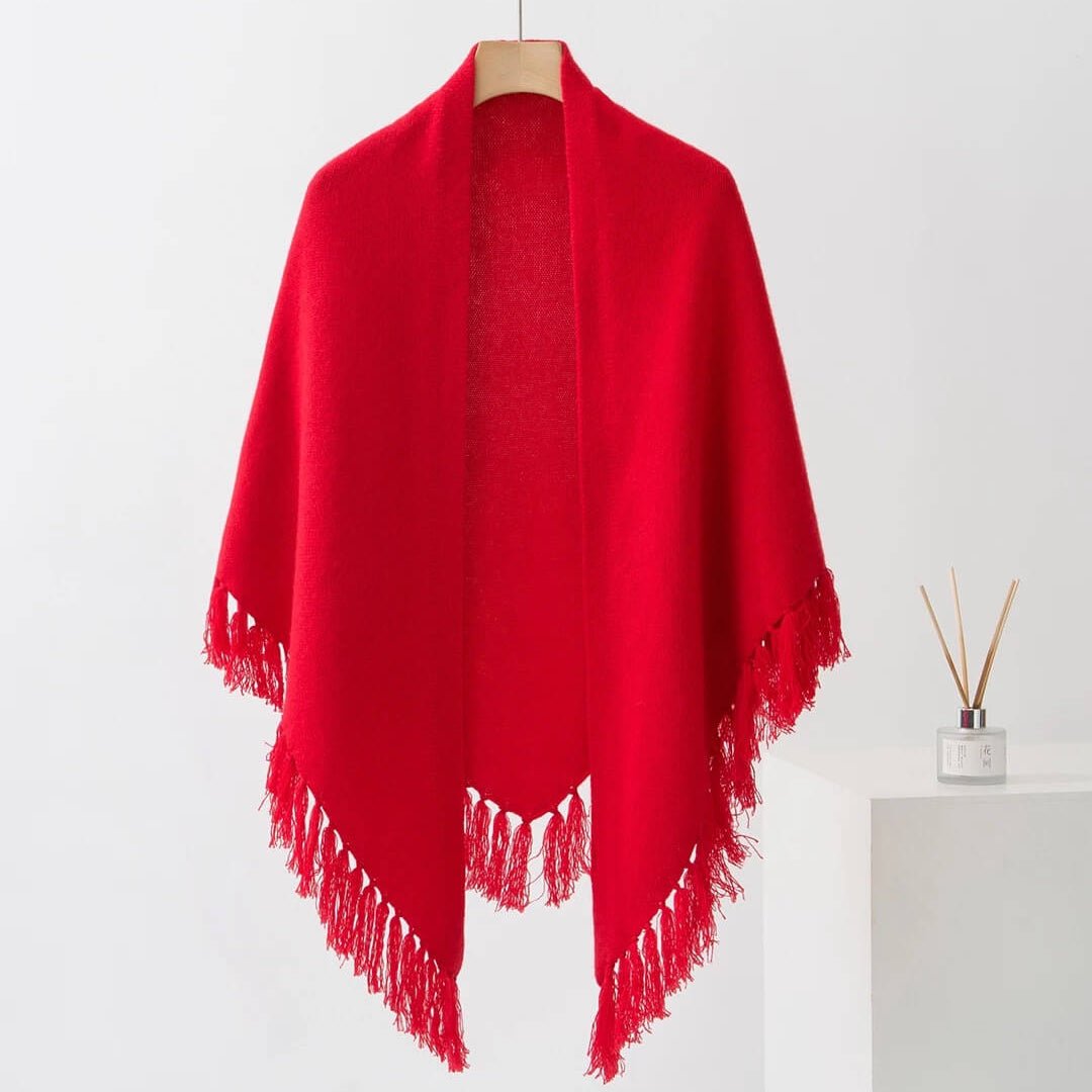 Women’s Chunky Fringe Triangle Cashmere Scarf in red color 