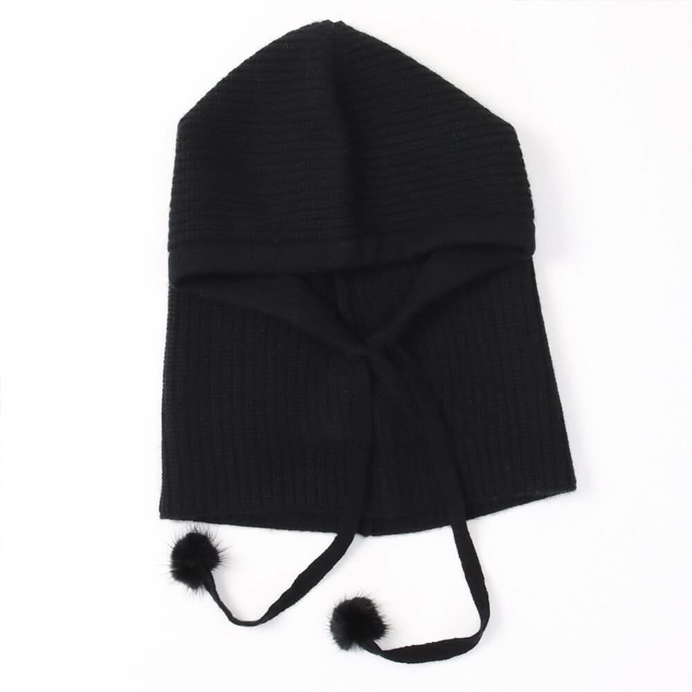 Women's cashmere ribbed Hoodied Balaclava hats in black color,	rib-knit cashmere winter mask