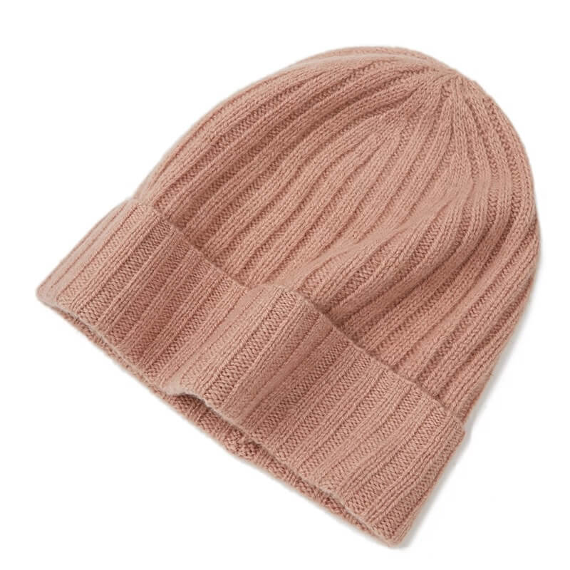 Elegant rose pink 100% cashmere ribbed beanie hat, luxury knitwear accessory for women’s winter outfits.