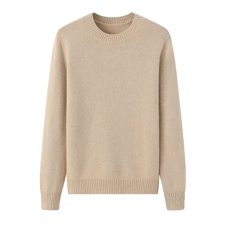 women's cashmere chunky  sweater in sand color，double ribbed collar sweater, classic crew neck sweater