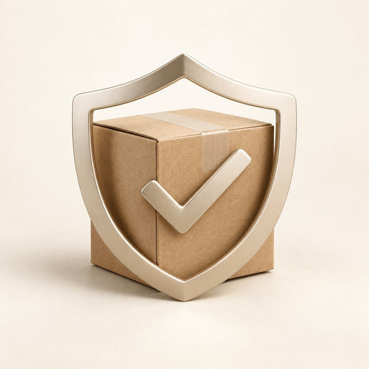 Protected shipping parcel with shield and checkmark