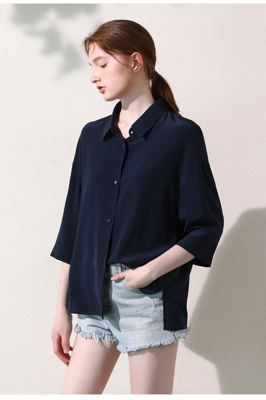  women's Silk Shirt Blouse in navy 