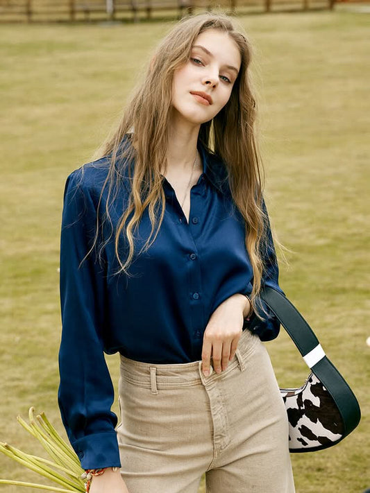 navy blue silk blouse shirts