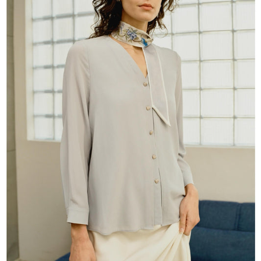 100% Mulberry Silk Pullover Shirt Lightweight Luxury Top in light grey