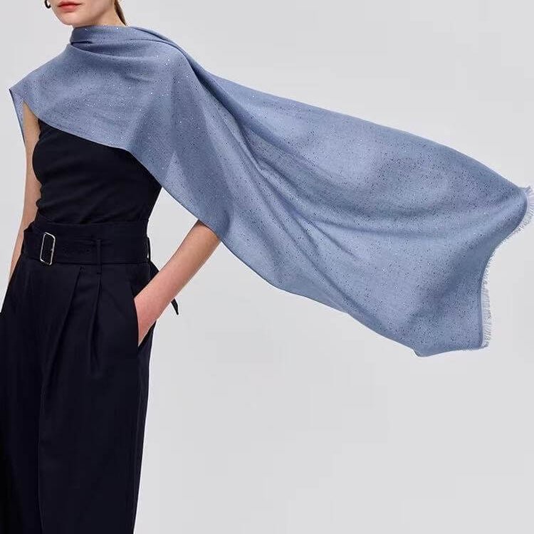 Blue silk cashmere shawl with all-over sequins 200x80 cm lightweight luxury wrap for women，Oversized silk cashmere wedding guest shawl blue shimmering wrap for formal occasions
