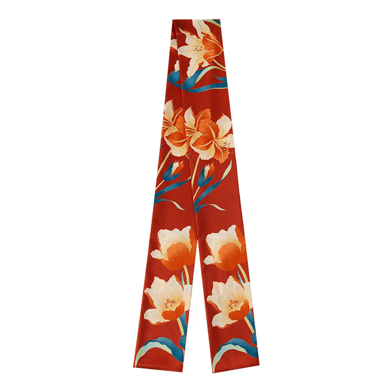 Luxurious 100% Mulberry Silk Scarf: Iris Garden Whisper in red 