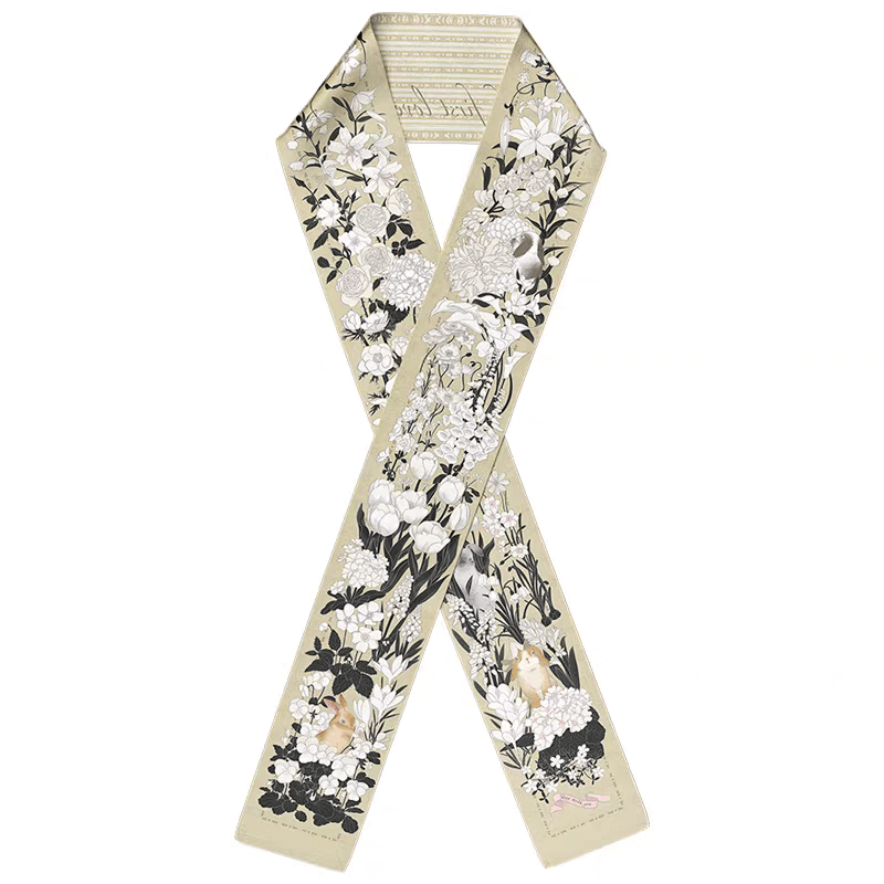 Enchanted Garden Silk Scarf: Whimsy in Motion in beige 