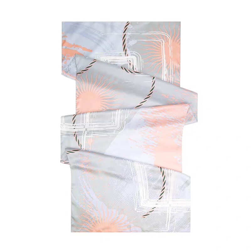 	Flowing lines print on luxury blue silk twill wrap