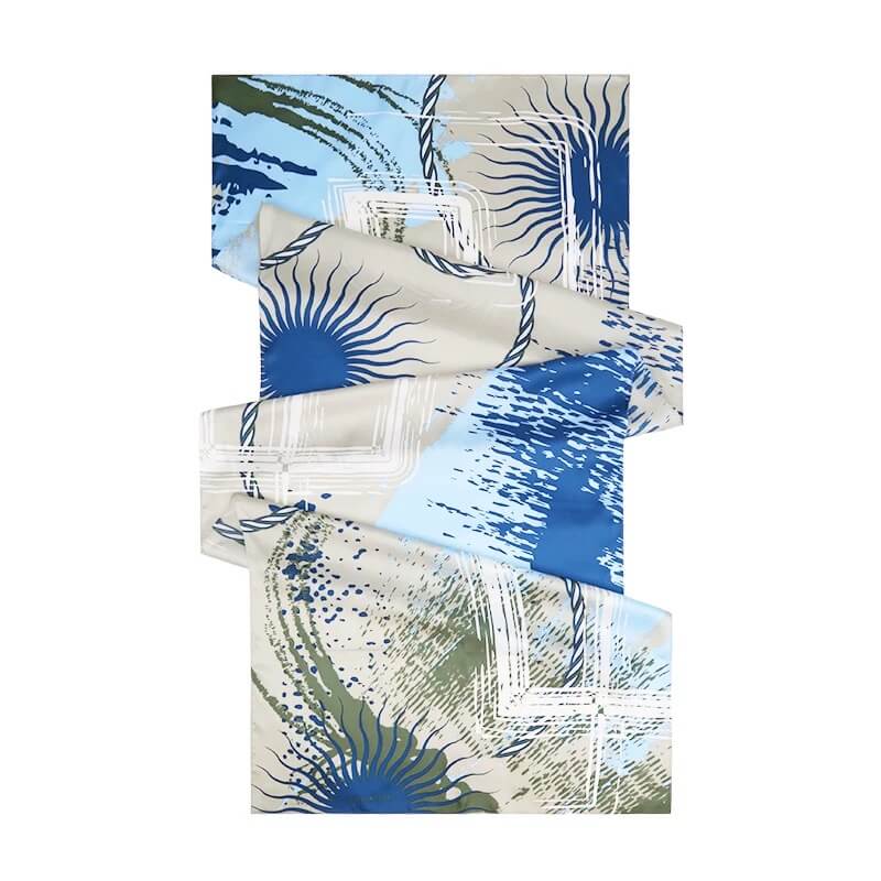 Blue long silk scarf with soft light and shadow print pattern