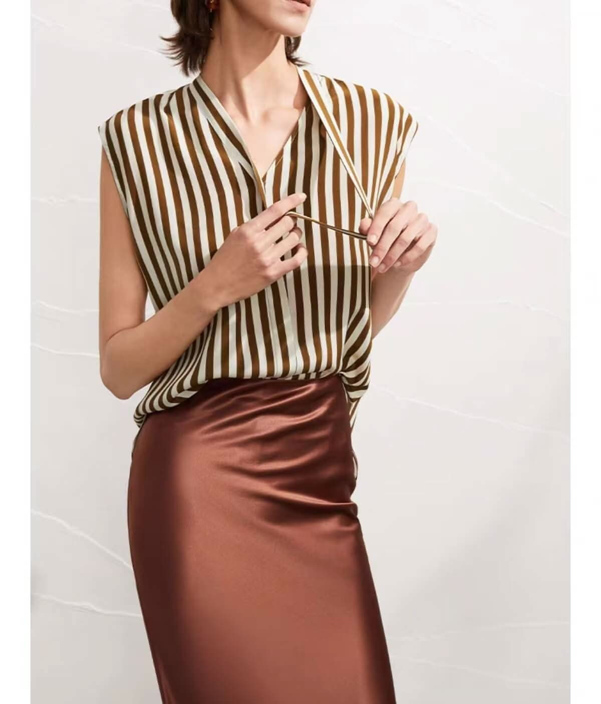 Mulberry Silk Striped Sleeveless Blouse Top coffee color