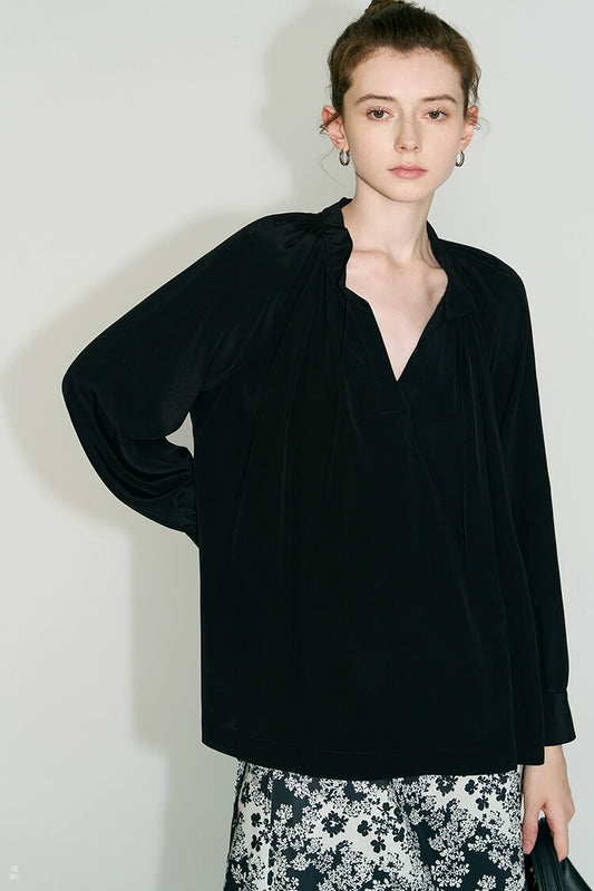 Black Silk Popover Blouse Silk Shirt Women