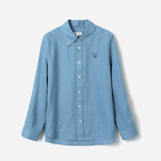 sky blue oversized linen shirt women embroidered horse detail