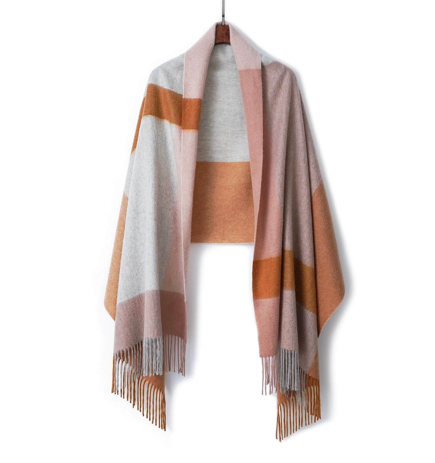 three-tone checkerboard patterns 100% cashmere shawl scarf，travel-ready cashmere plaid shawl scarf draped over shoulders