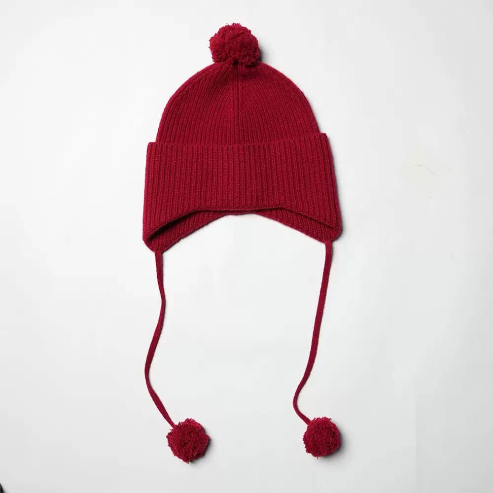 Thick warm red cashmere pom pom earflap winter hat,