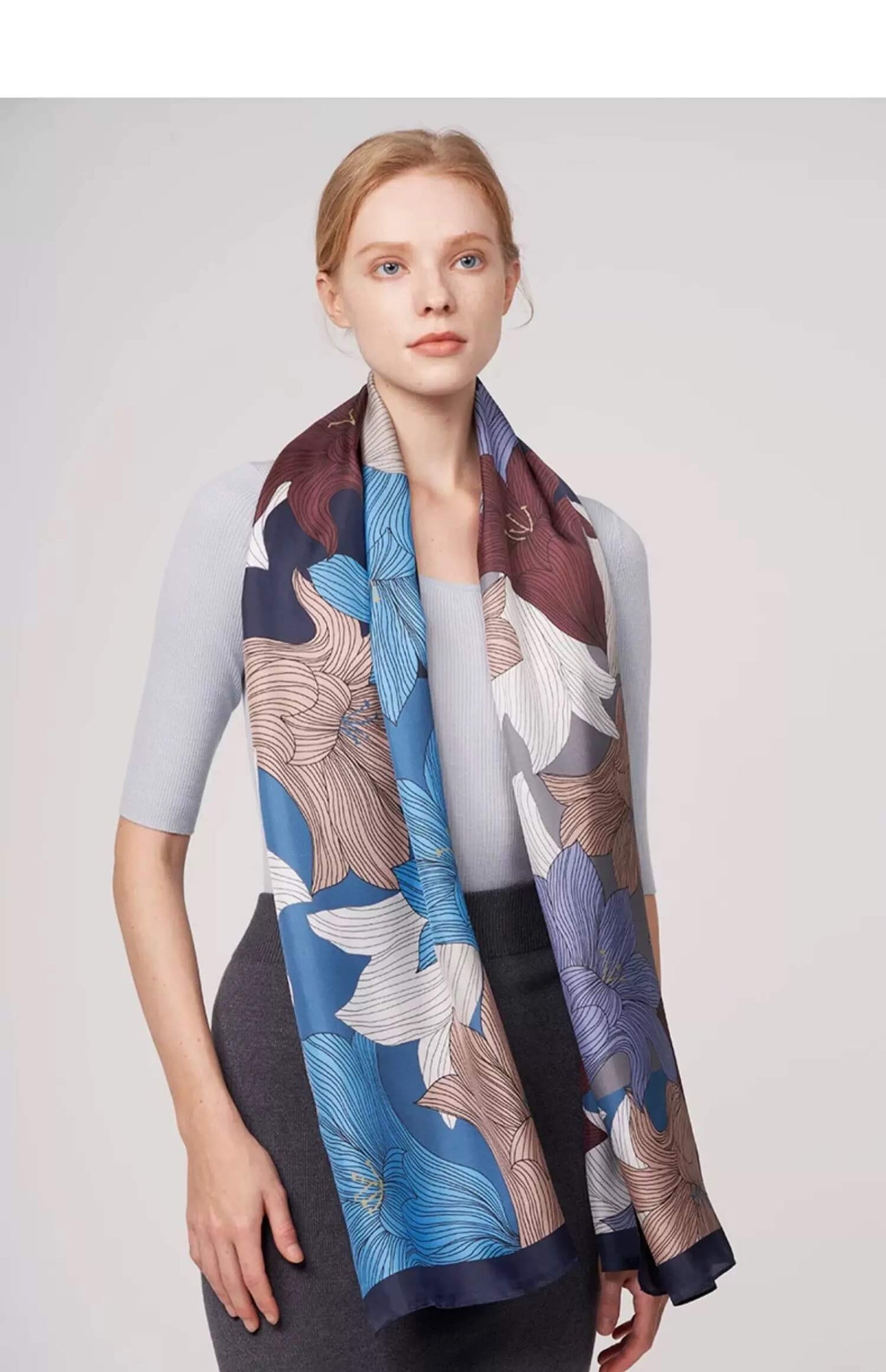 Hand screen printed 100% mulberry silk scarf in blue
