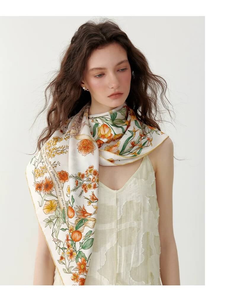 	Luxury Silk Square Scarf with Colorful Flower Pattern