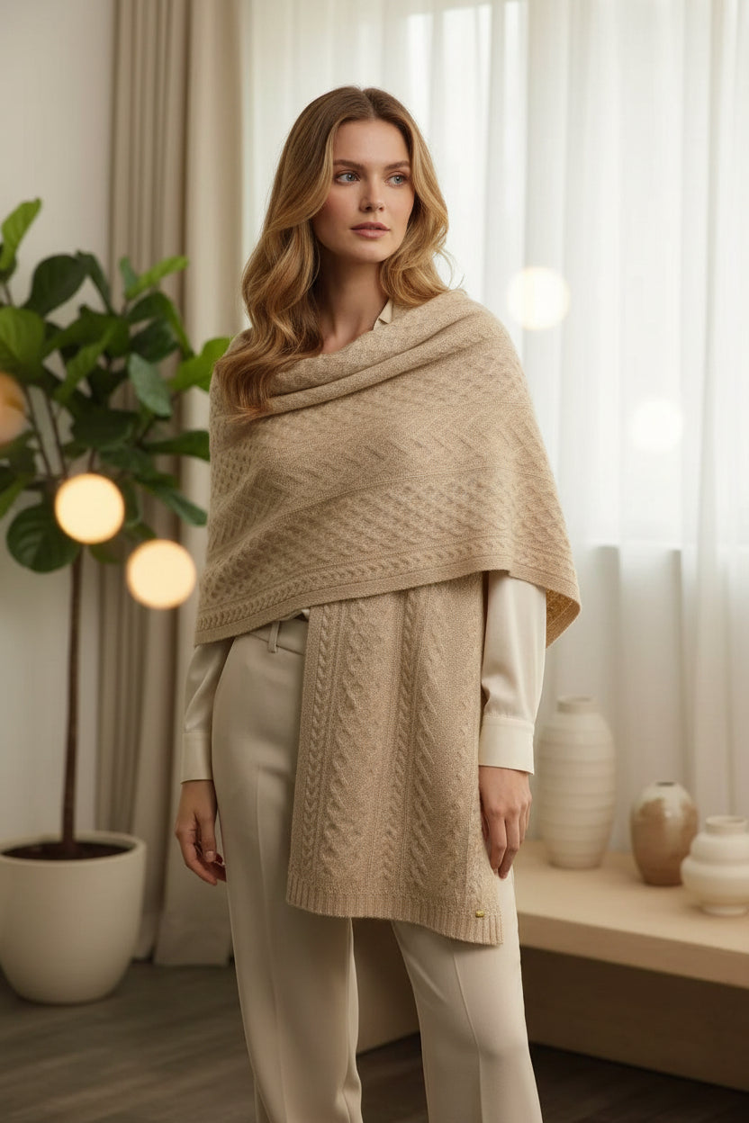 Luxury 100% Cashmere Cable Knit Shawl Scarf in beige color