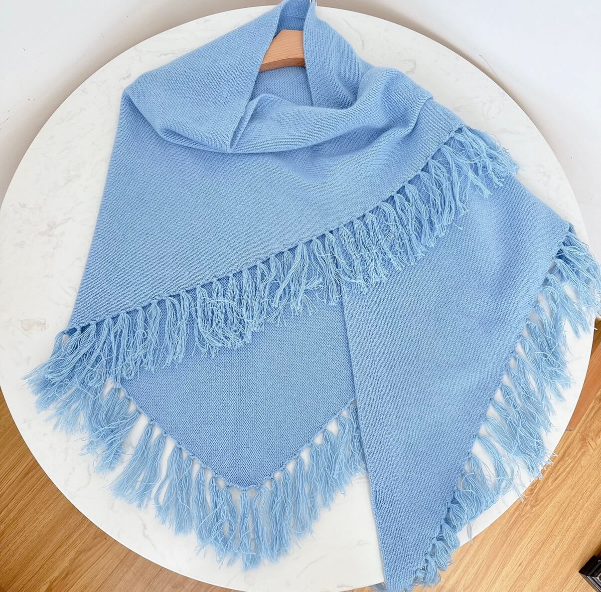  Fringe Triangle 100% cashmere Scarf in blue