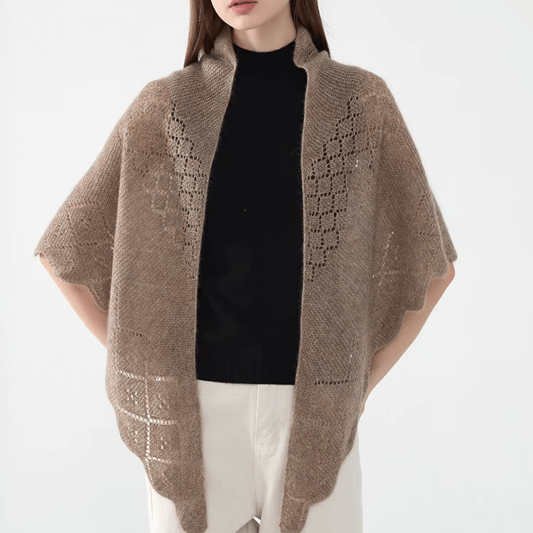 Camel 100% cashmere lace knit wrap, triangle shawl for women, perfect for layering
