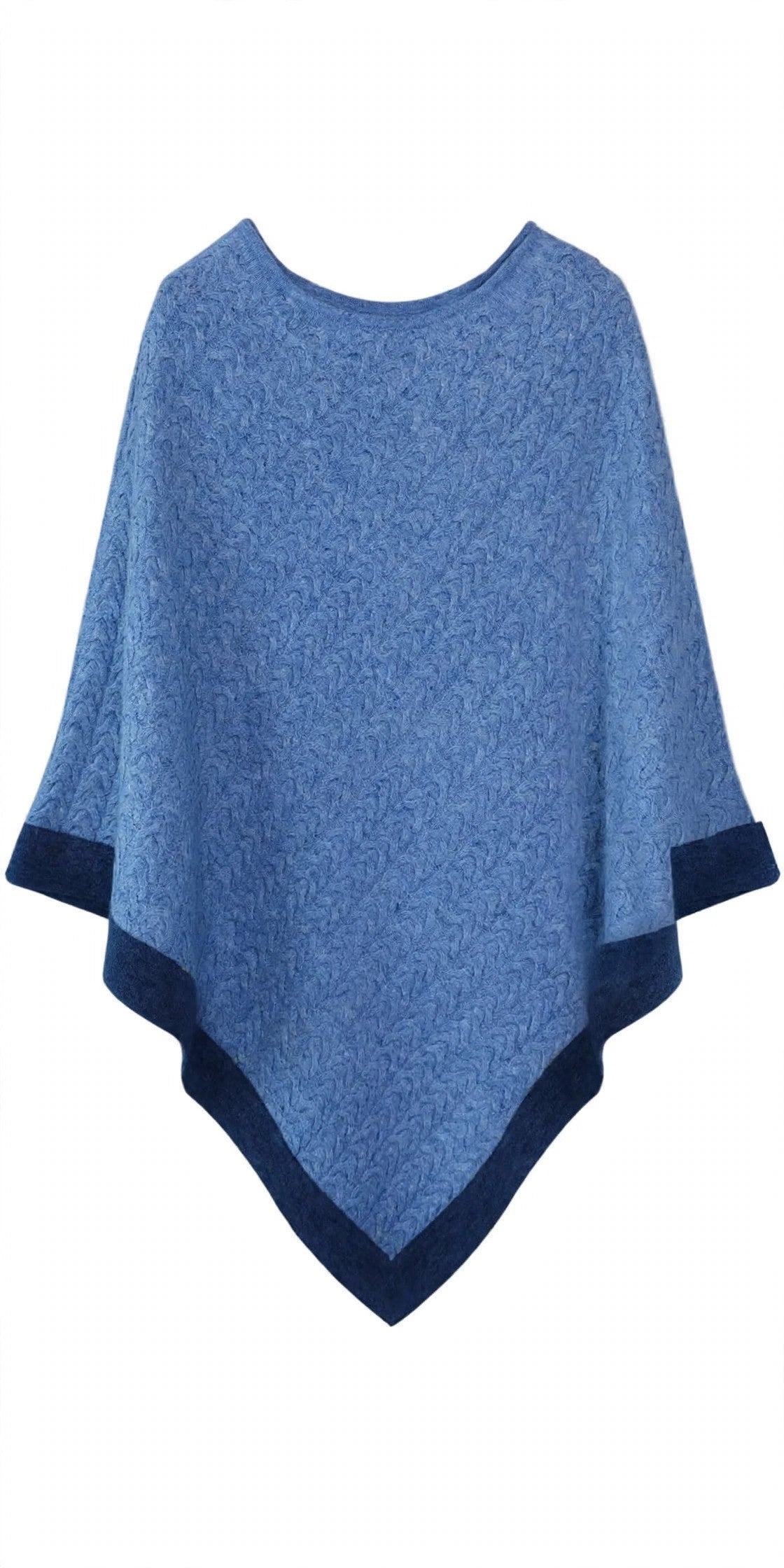Two-tone cashmere poncho in light blue with dark blue trim, cable-knit, flat lay front view