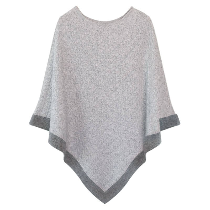 Two-tone cashmere poncho in light grey with dark grey trim, flat lay front view