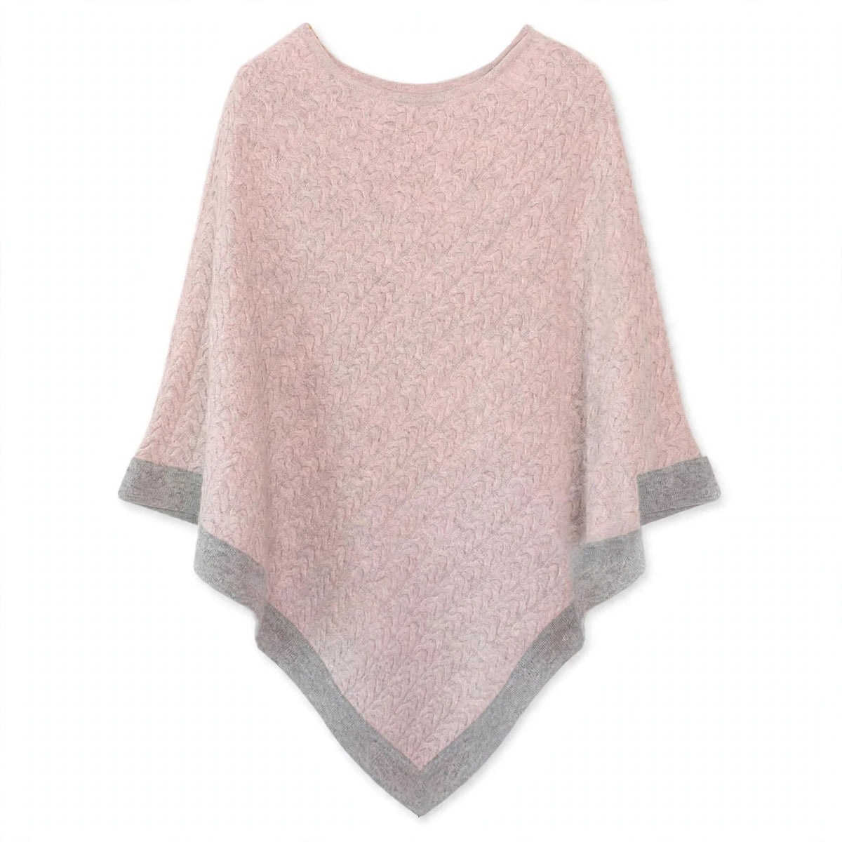Two-tone cashmere poncho in blush pink with light grey trim, cable-knit, flat lay front view
