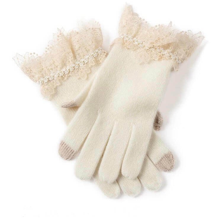 Undyed white cashmere gloves with lace cuff, Luxury women’s natural white cashmere gloves